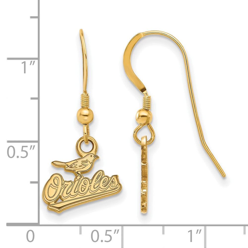 Alternate view of the 14K Gold Plated Silver MLB Baltimore Orioles XS Script Dangle Earrings by The Black Bow Jewelry Co.