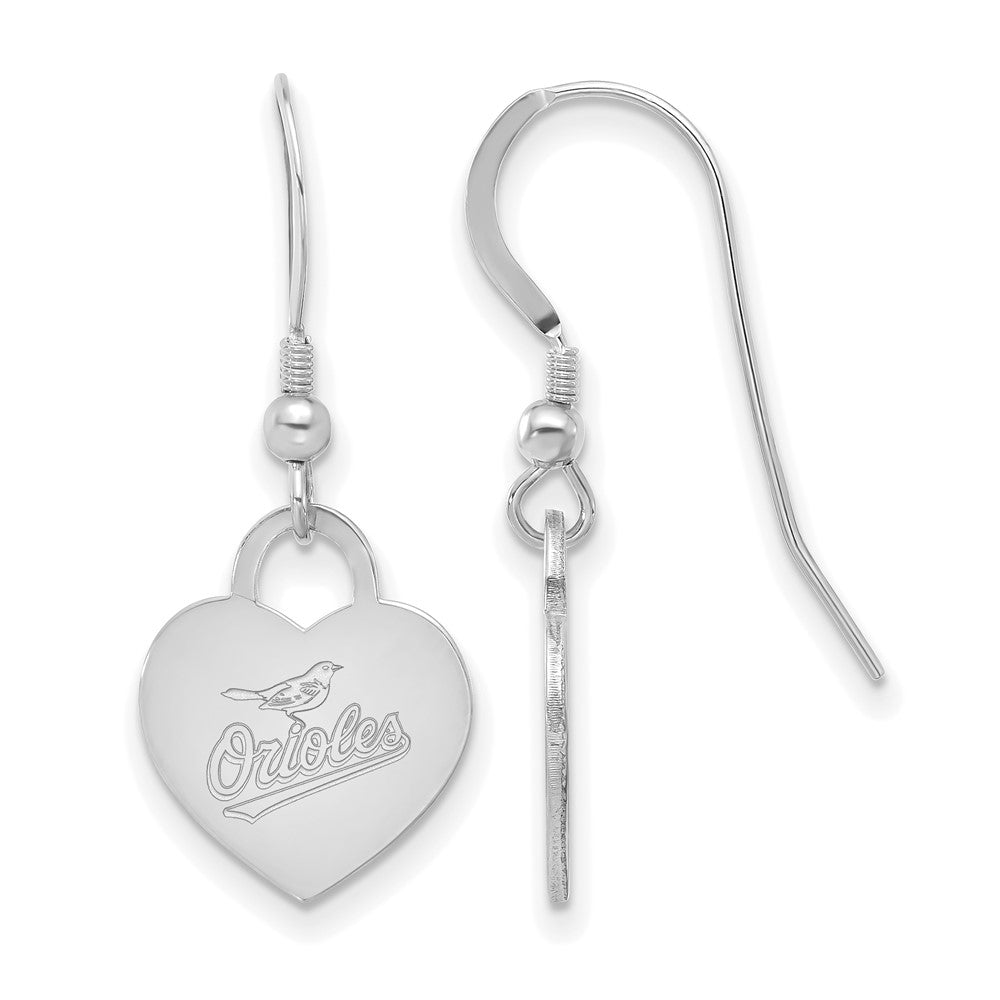Sterling Silver MLB Baltimore Orioles SM Heart Dangle Earrings, Item E18608 by The Black Bow Jewelry Co.