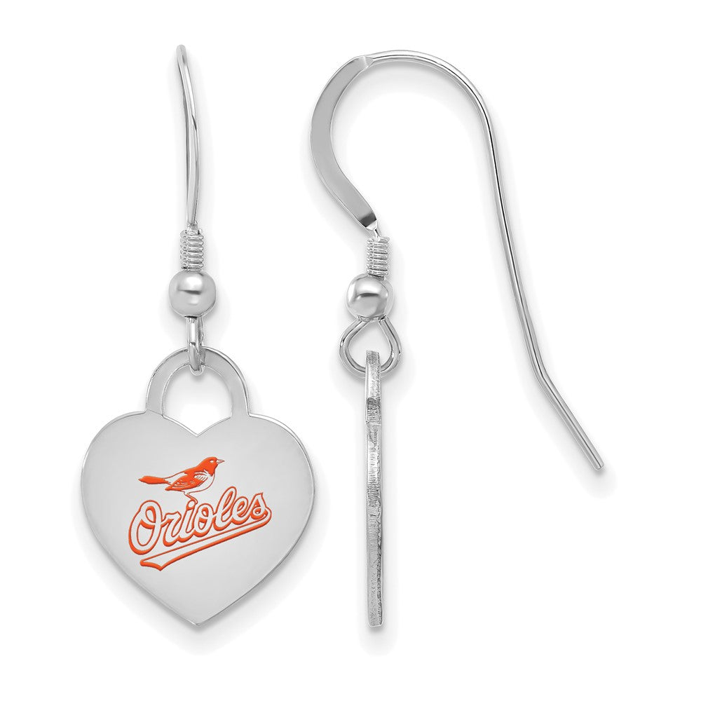 Sterling Silver MLB Baltimore Orioles SM Enamel Heart Dangle Earrings, Item E18609 by The Black Bow Jewelry Co.