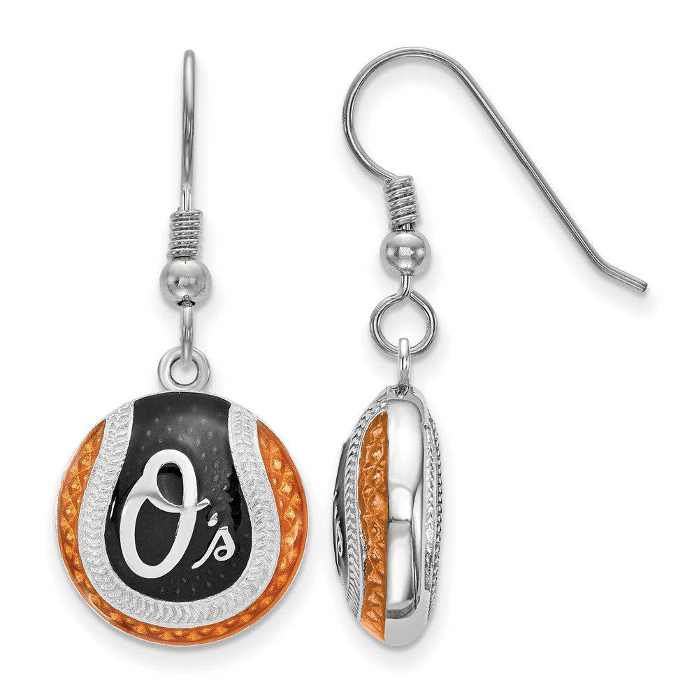 Sterling Silver MLB Baltimore Orioles MD Enamel Domed Dangle Earrings, Item E18610 by The Black Bow Jewelry Co.