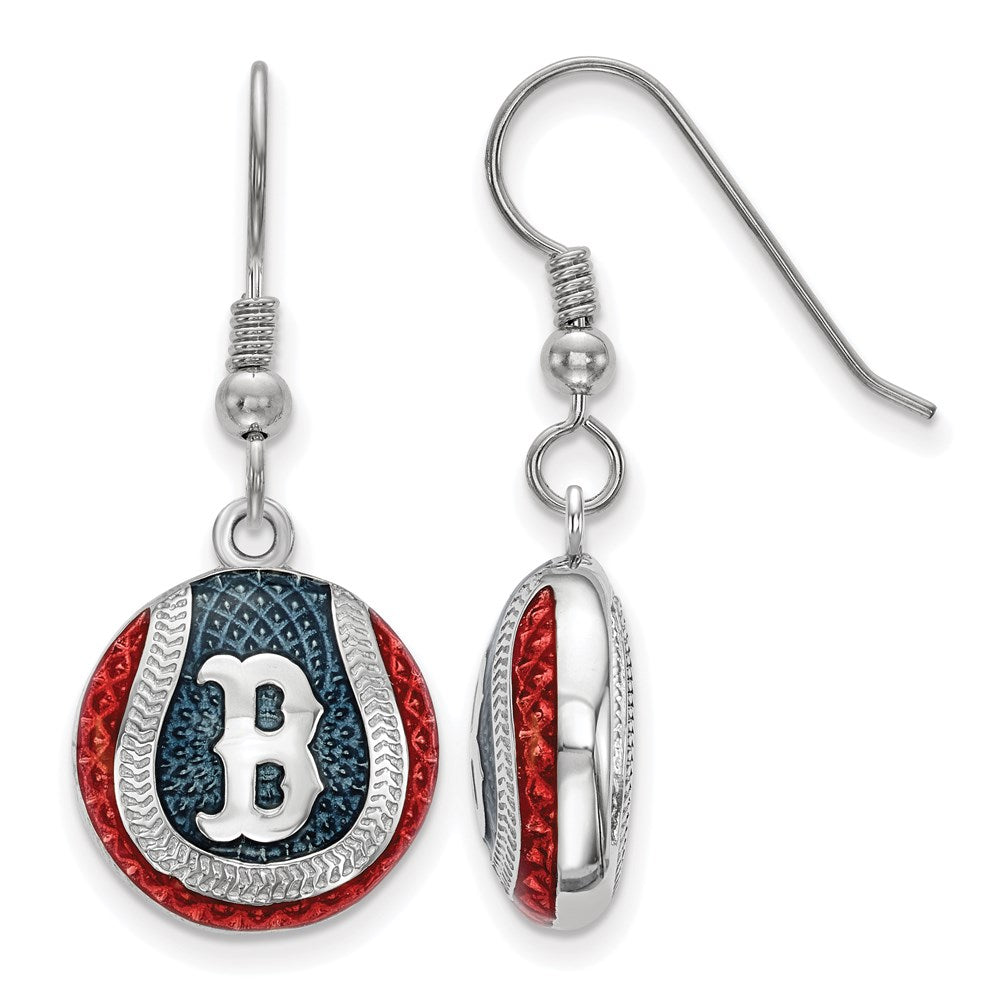 Sterling Silver MLB Boston Red Sox MD Enamel Domed Dangle Earrings, Item E18649 by The Black Bow Jewelry Co.
