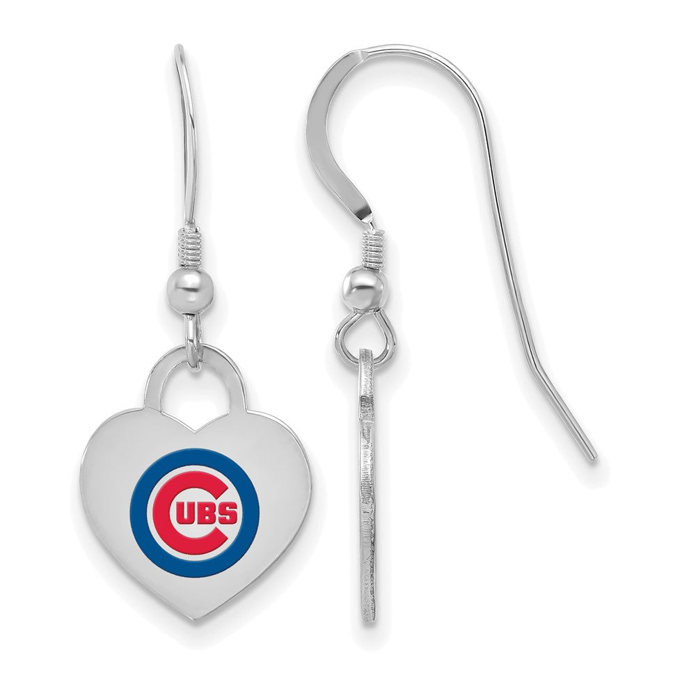 Sterling Silver MLB Chicago Cubs SM Enamel Heart Dangle Earrings, Item E18661 by The Black Bow Jewelry Co.