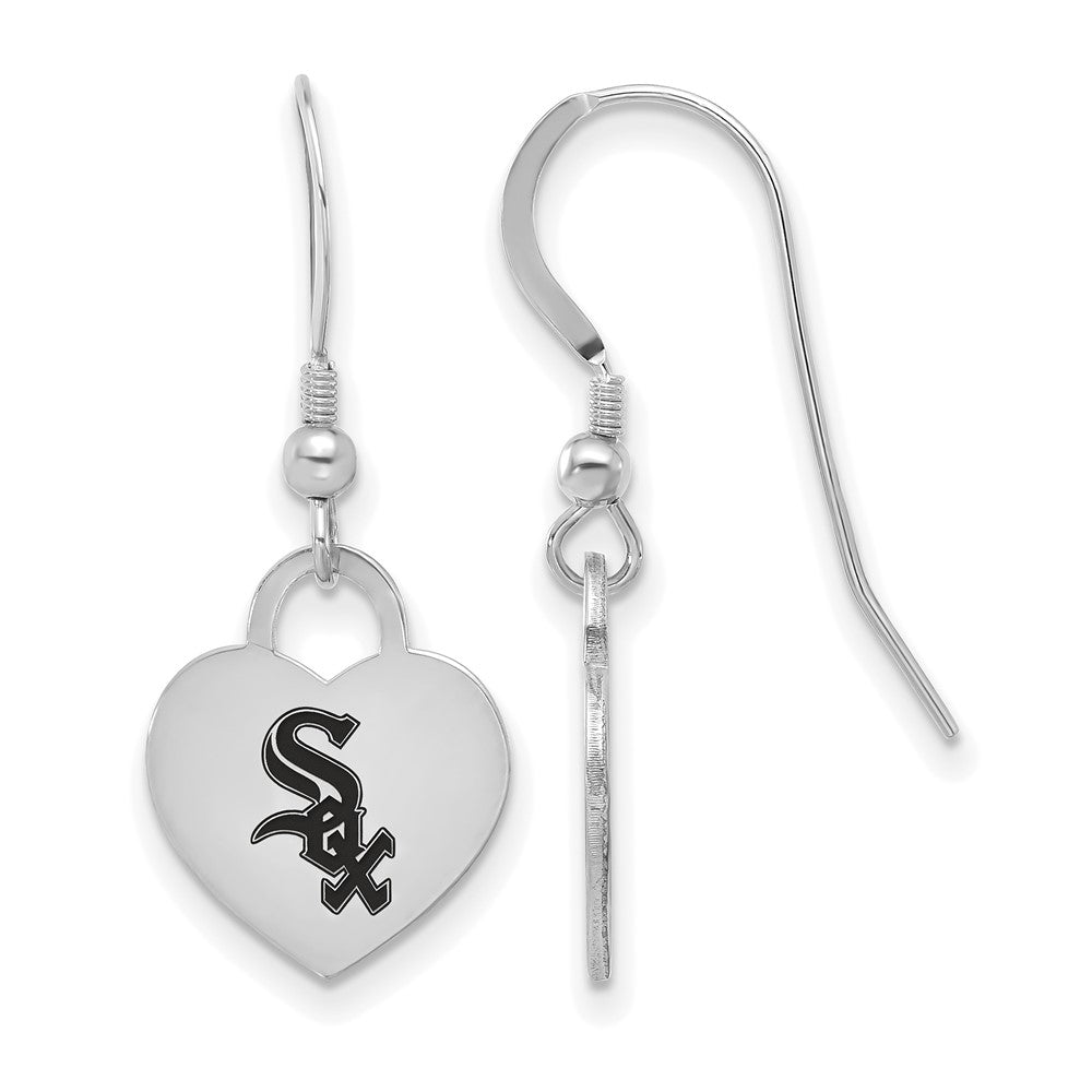 Sterling Silver MLB Chicago White Sox Enamel Heart Dangle Earrings, Item E18671 by The Black Bow Jewelry Co.