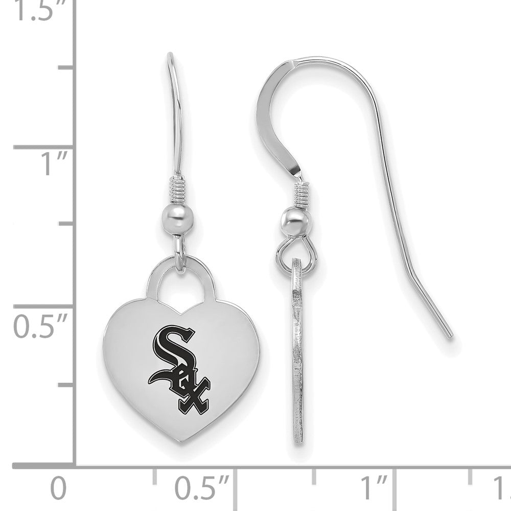 Alternate view of the Sterling Silver MLB Chicago White Sox Enamel Heart Dangle Earrings by The Black Bow Jewelry Co.