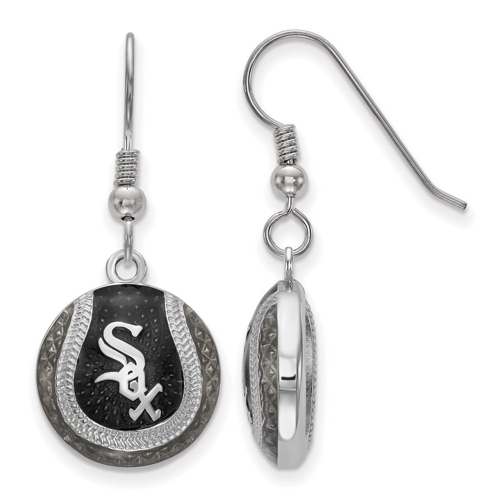 Sterling Silver MLB Chicago White Sox Enamel Domed Dangle Earrings, Item E18672 by The Black Bow Jewelry Co.