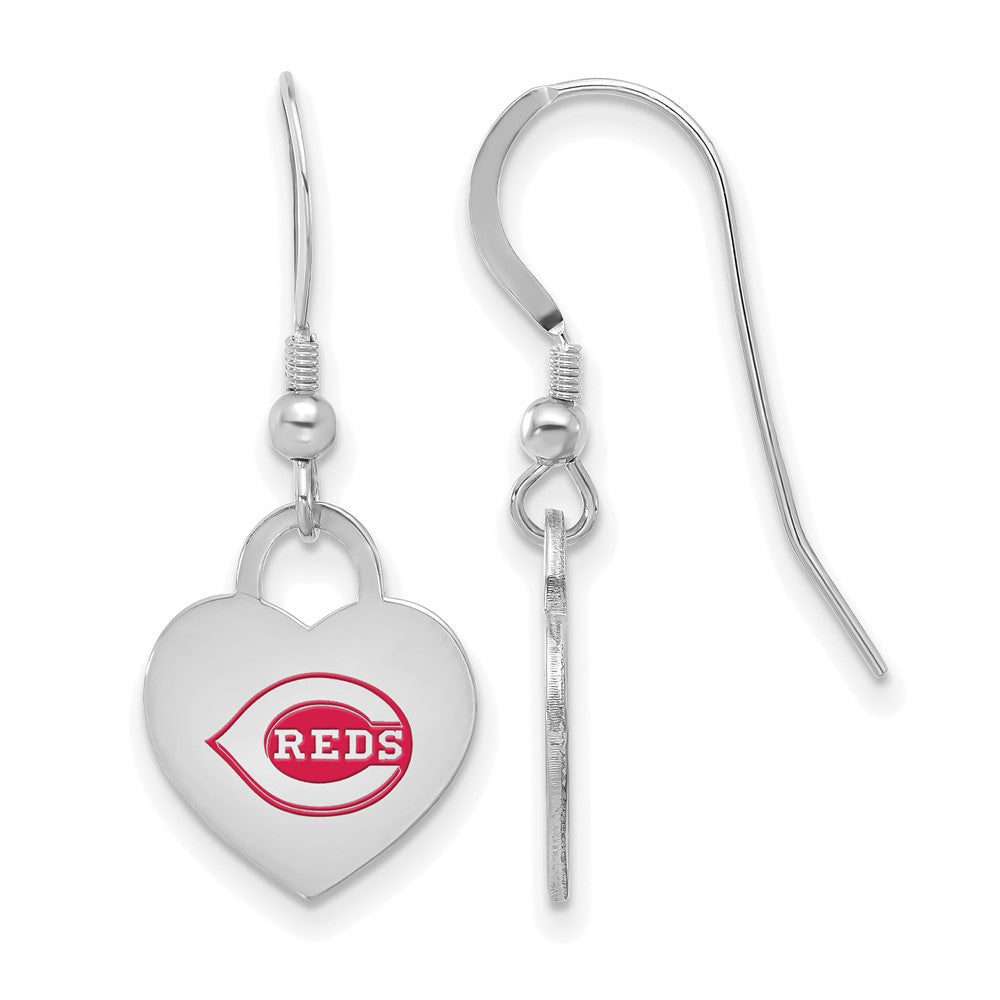 Sterling Silver MLB Cincinnati Reds Enamel Heart Dangle Earrings, Item E18683 by The Black Bow Jewelry Co.