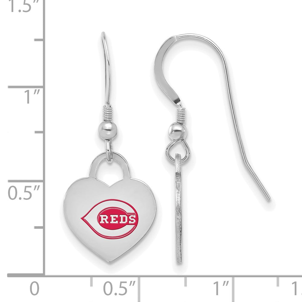 Alternate view of the Sterling Silver MLB Cincinnati Reds Enamel Heart Dangle Earrings by The Black Bow Jewelry Co.