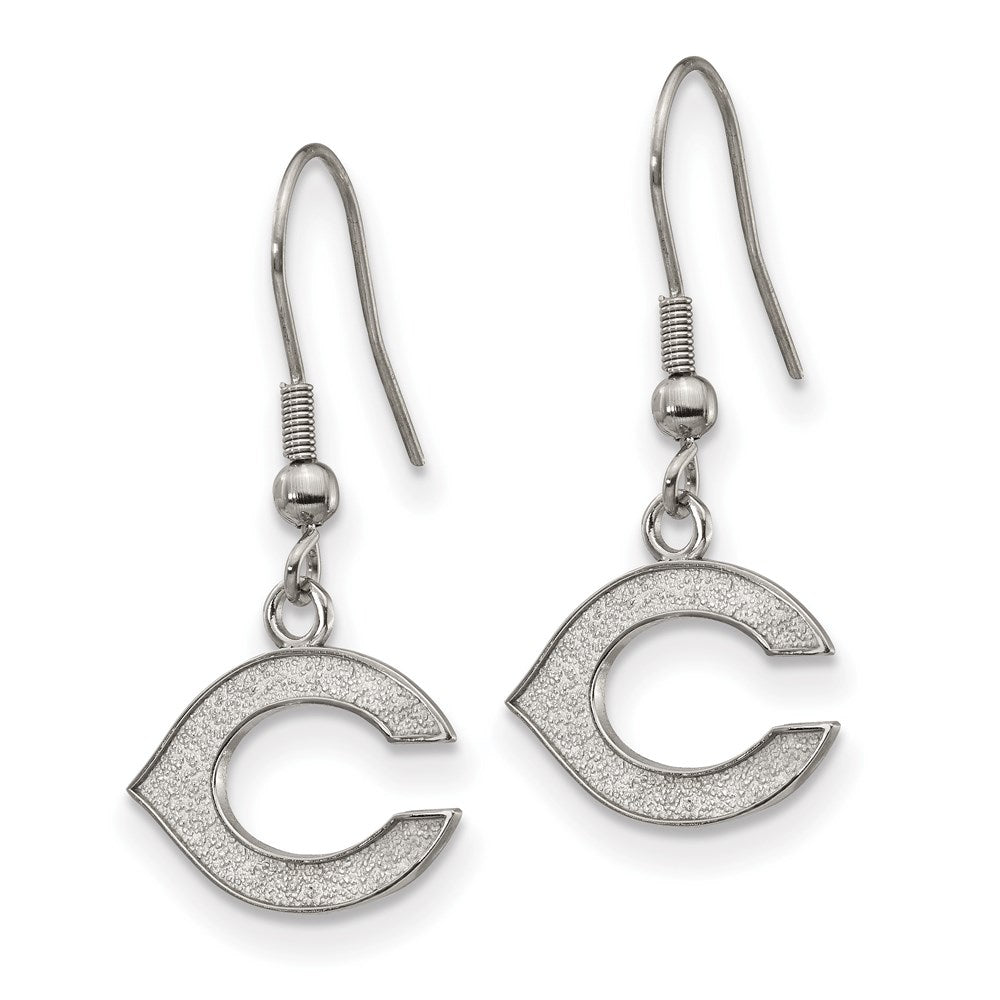 Alternate view of the Stainless Steel MLB Cincinnati Reds Small Letter C Dangle Earrings by The Black Bow Jewelry Co.