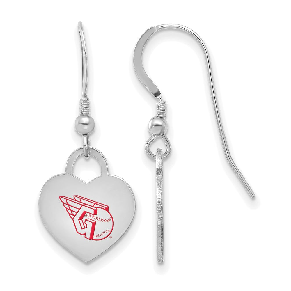 Sterling Silver MLB Cleveland Guardians Enamel Heart Dangle Earrings, Item E18690 by The Black Bow Jewelry Co.
