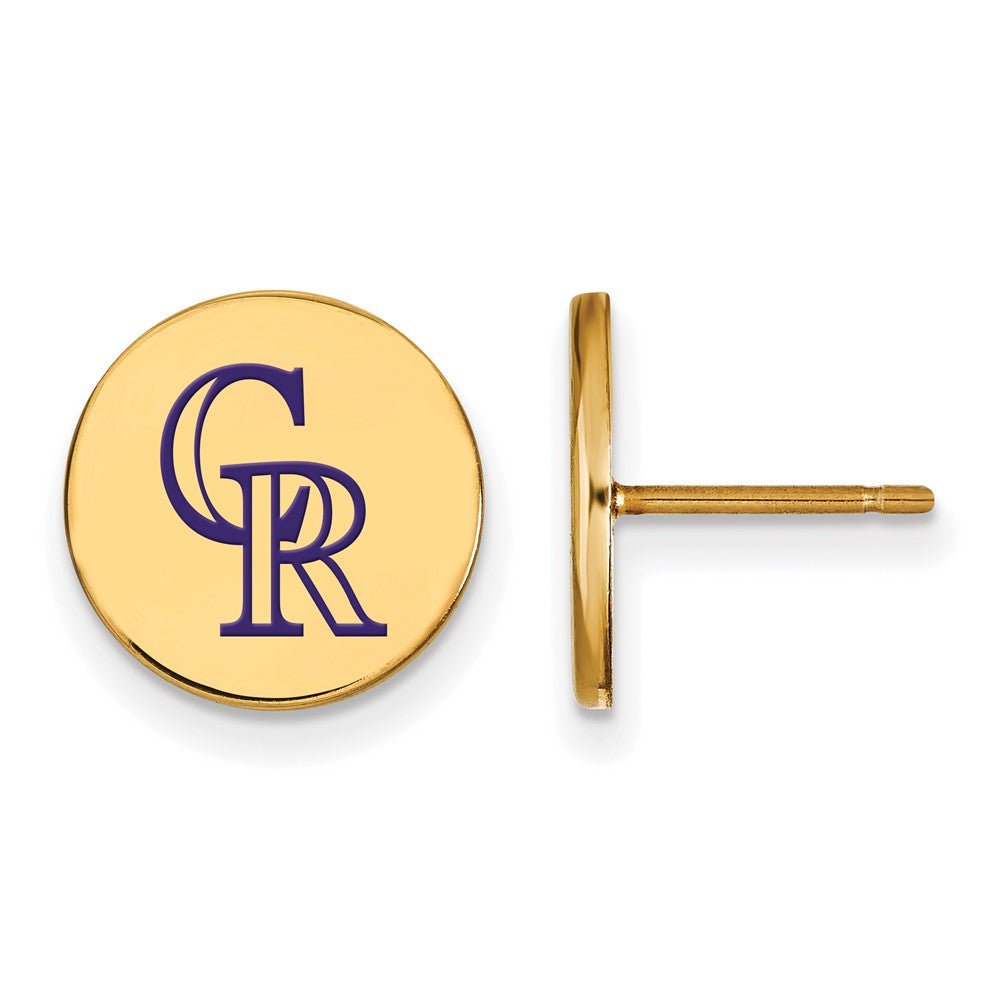14K Gold Plated Silver MLB Colorado Rockies SM Enamel CR Disc Earrings, Item E18695 by The Black Bow Jewelry Co.