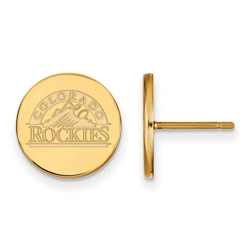 14K Gold Plated Silver MLB Colorado Rockies SM Disc Post Earrings, Item E18698 by The Black Bow Jewelry Co.