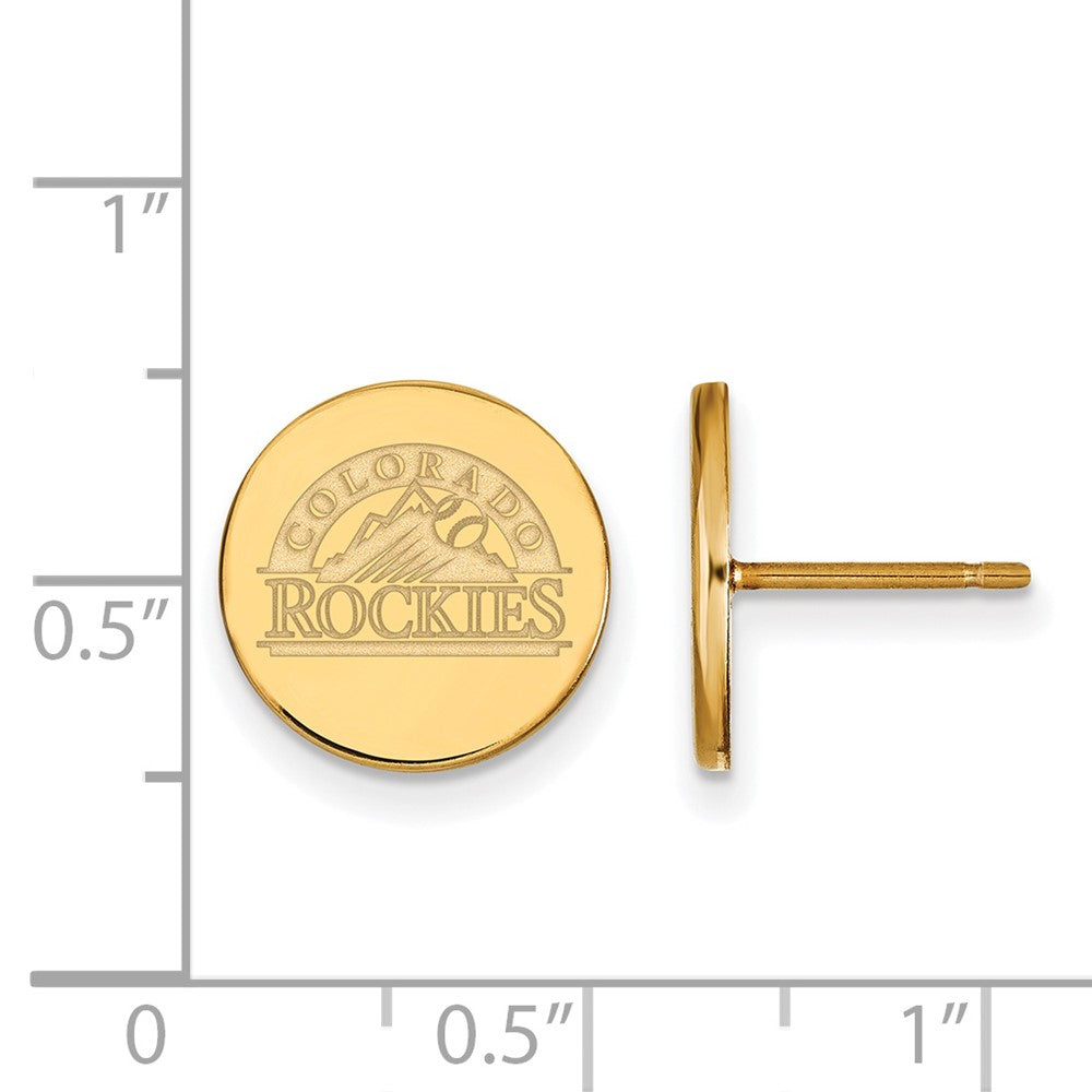 Alternate view of the 14K Gold Plated Silver MLB Colorado Rockies SM Disc Post Earrings by The Black Bow Jewelry Co.