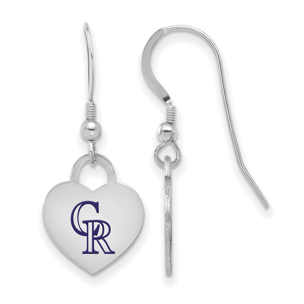 Sterling Silver MLB Colorado Rockies Enamel Heart Dangle Earrings, Item E18706 by The Black Bow Jewelry Co.