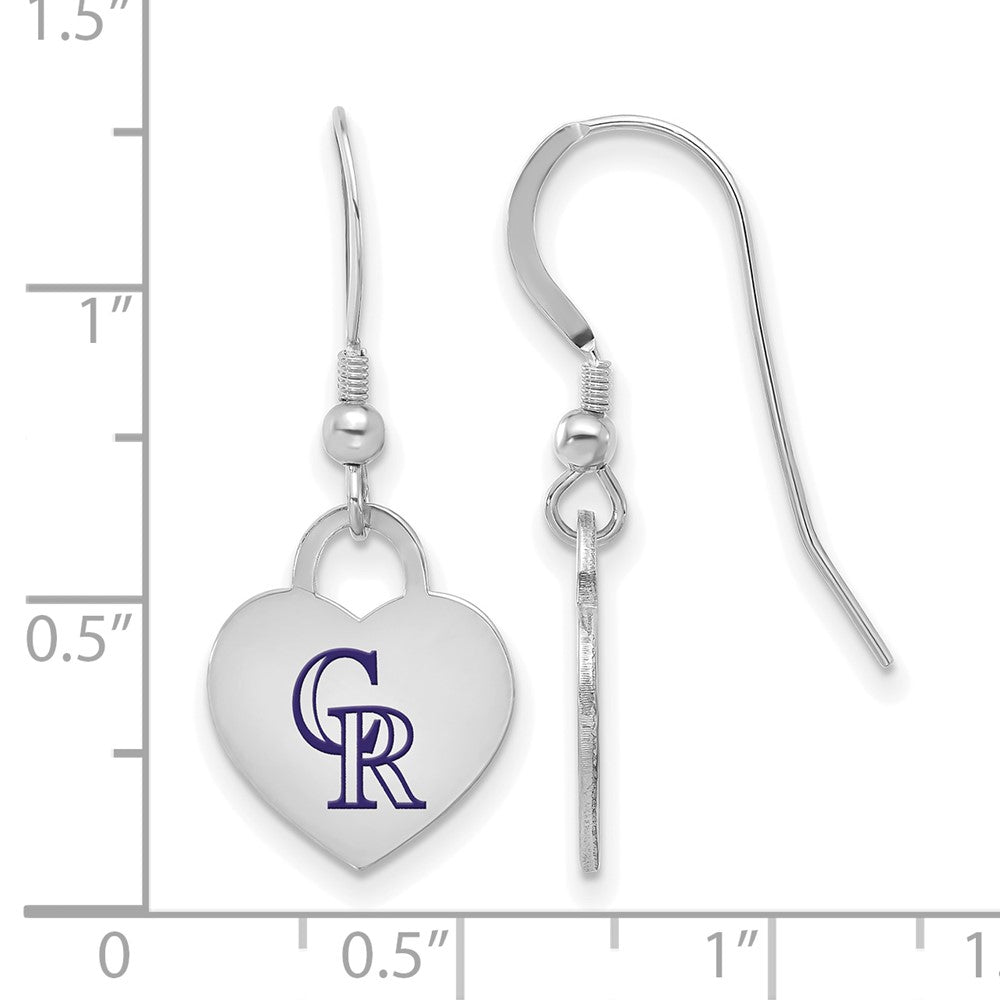 Alternate view of the Sterling Silver MLB Colorado Rockies Enamel Heart Dangle Earrings by The Black Bow Jewelry Co.