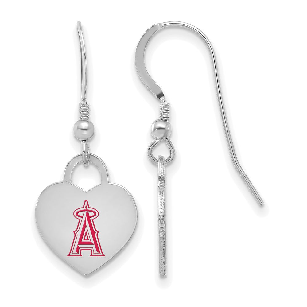 Sterling Silver MLB Los Angeles Angels Enamel Heart Dangle Earrings, Item E18766 by The Black Bow Jewelry Co.