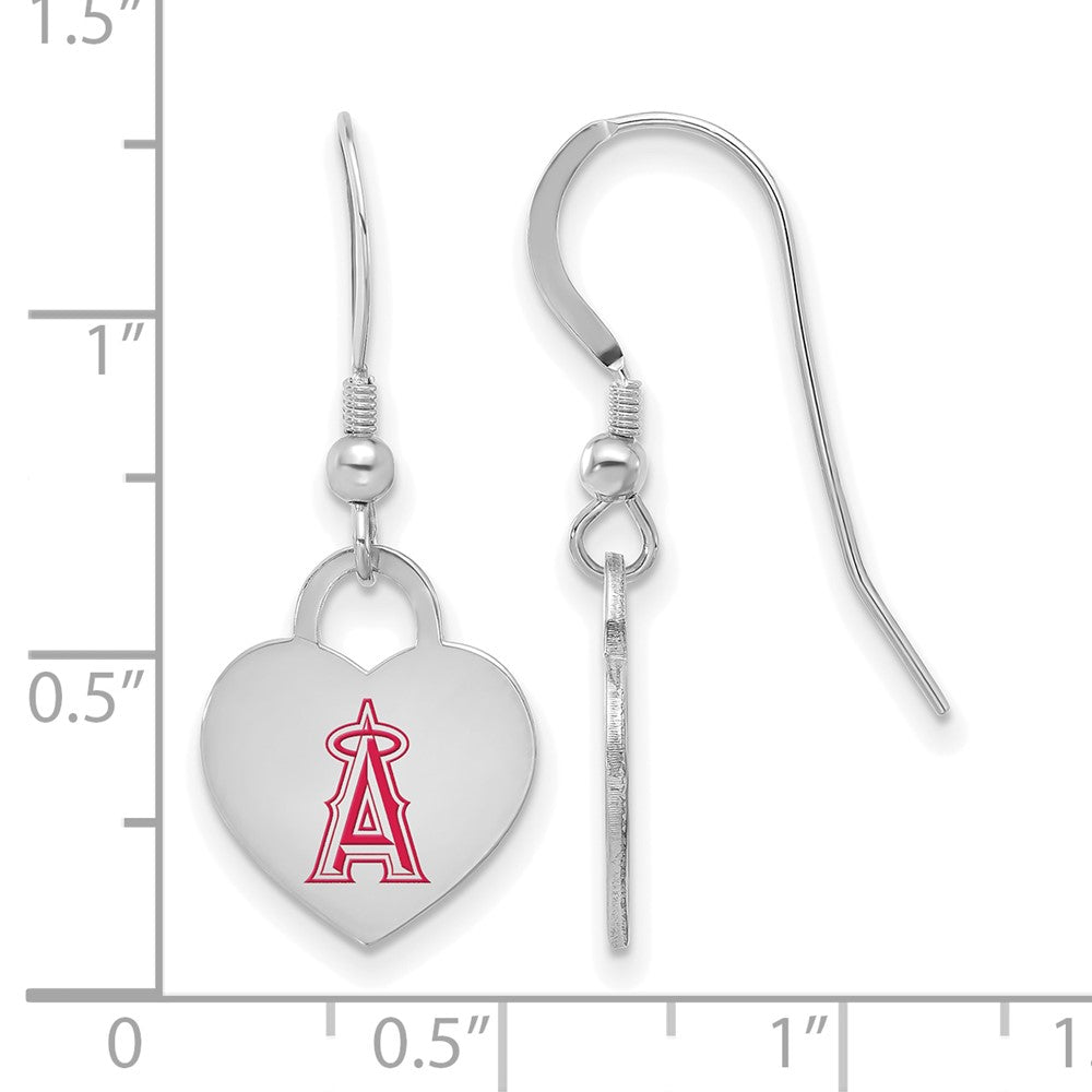Alternate view of the Sterling Silver MLB Los Angeles Angels Enamel Heart Dangle Earrings by The Black Bow Jewelry Co.