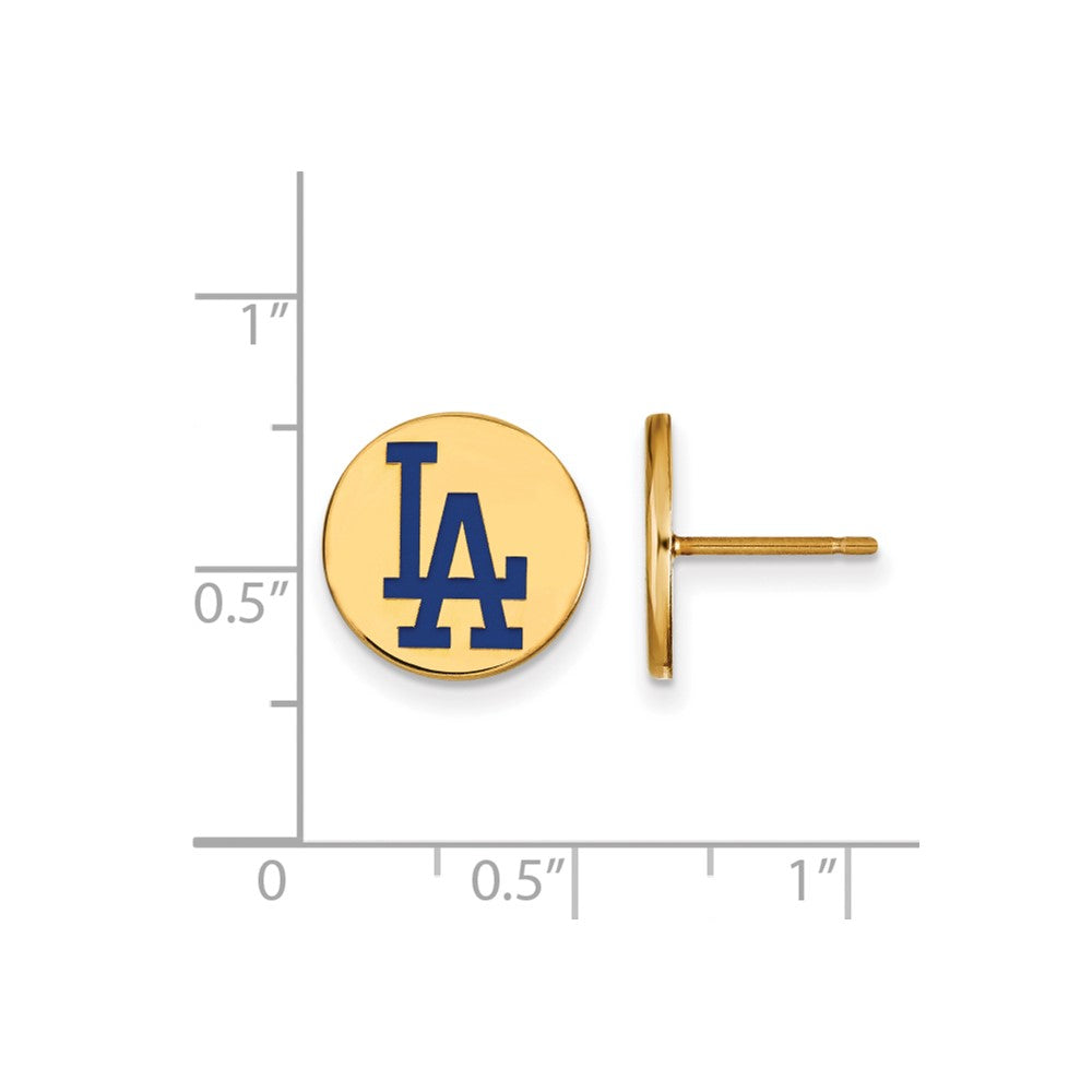 Alternate view of the 14K Gold Plated Silver MLB LA Dodgers SM Enamel Disc Post Earrings by The Black Bow Jewelry Co.
