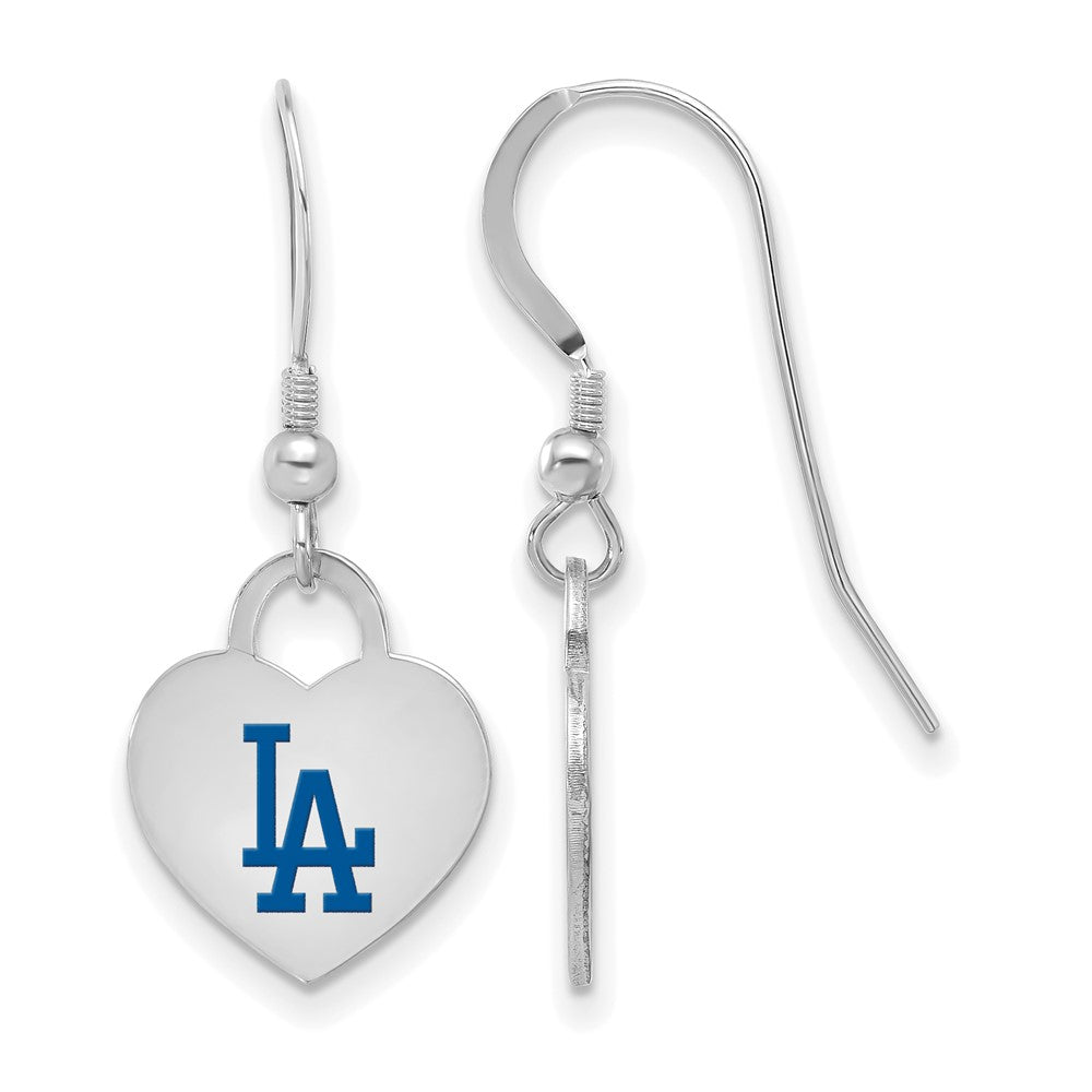 Sterling Silver MLB Los Angeles Dodgers Enamel Heart Dangle Earrings, Item E18774 by The Black Bow Jewelry Co.