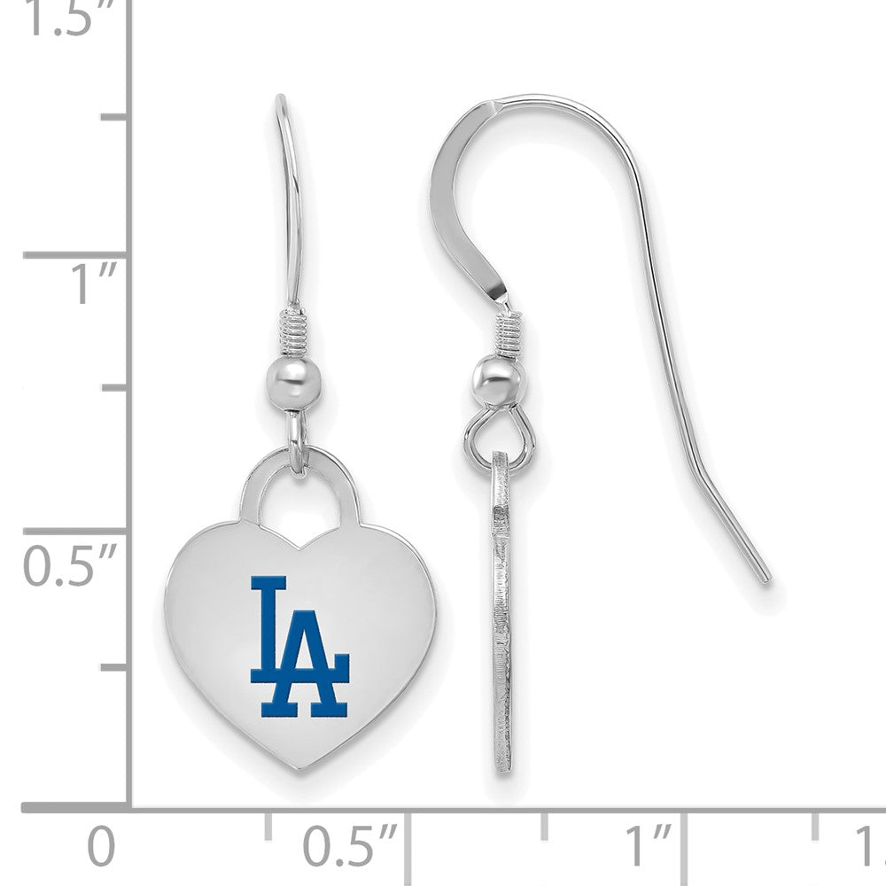 Alternate view of the Sterling Silver MLB Los Angeles Dodgers Enamel Heart Dangle Earrings by The Black Bow Jewelry Co.
