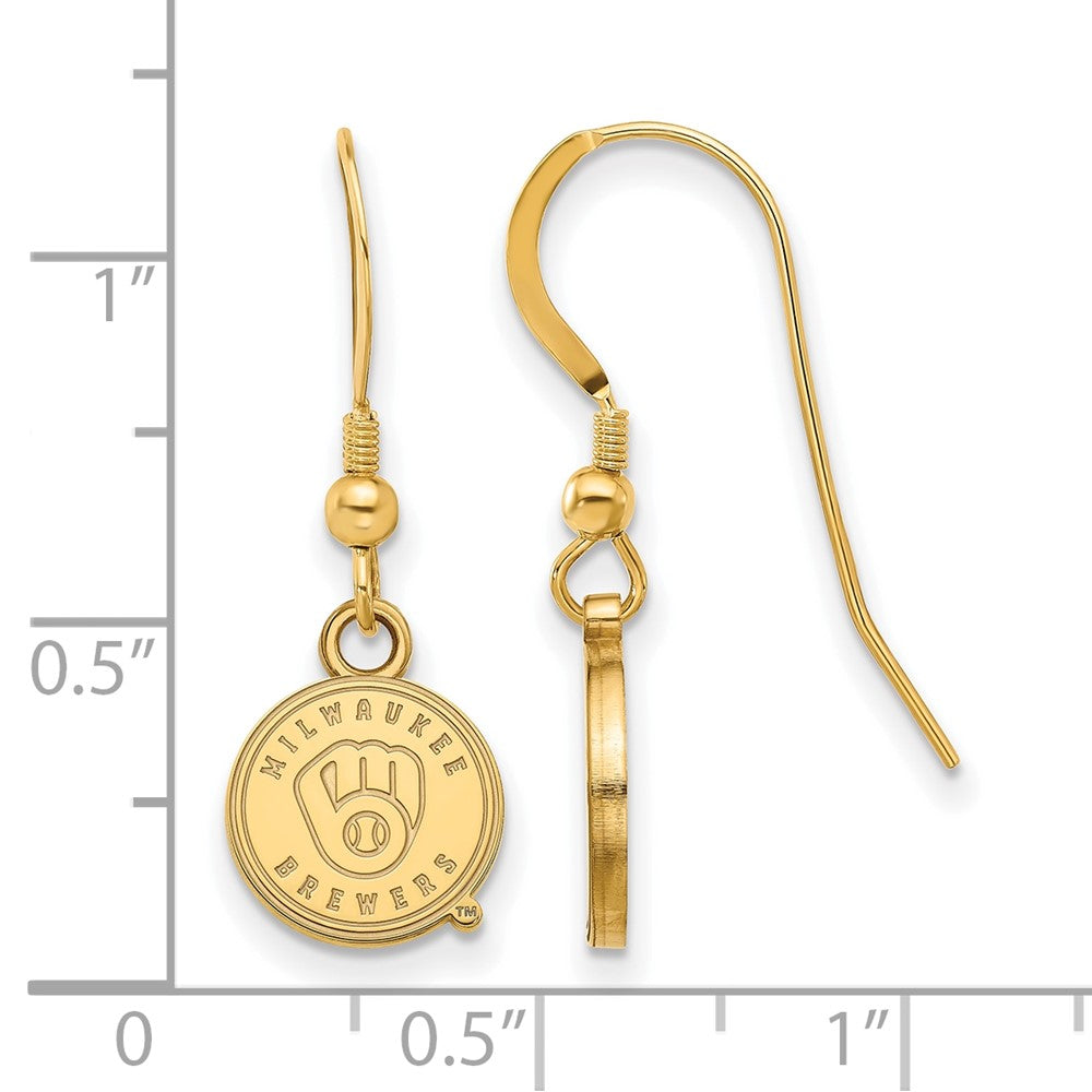Alternate view of the 14K Gold Plated Silver MLB Milwaukee Brewers XS Disc Dangle Earrings by The Black Bow Jewelry Co.