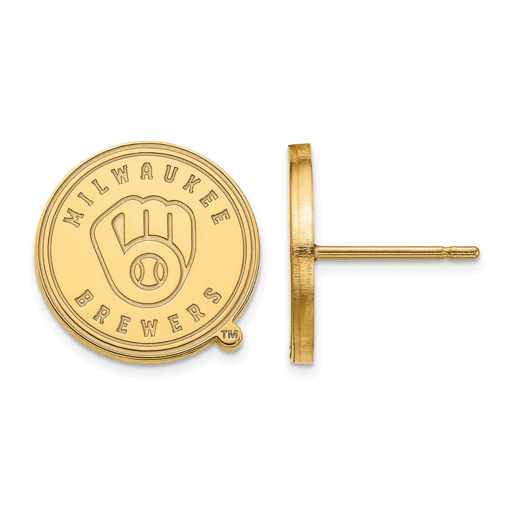 14K Gold Plated Silver MLB Milwaukee Brewers SM Disc Post Earrings, Item E18782 by The Black Bow Jewelry Co.