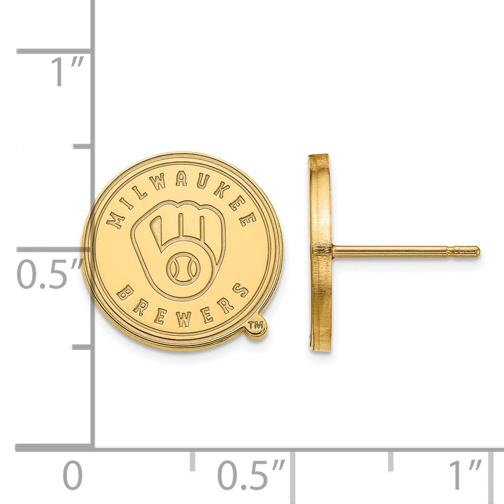 Alternate view of the 14K Gold Plated Silver MLB Milwaukee Brewers SM Disc Post Earrings by The Black Bow Jewelry Co.