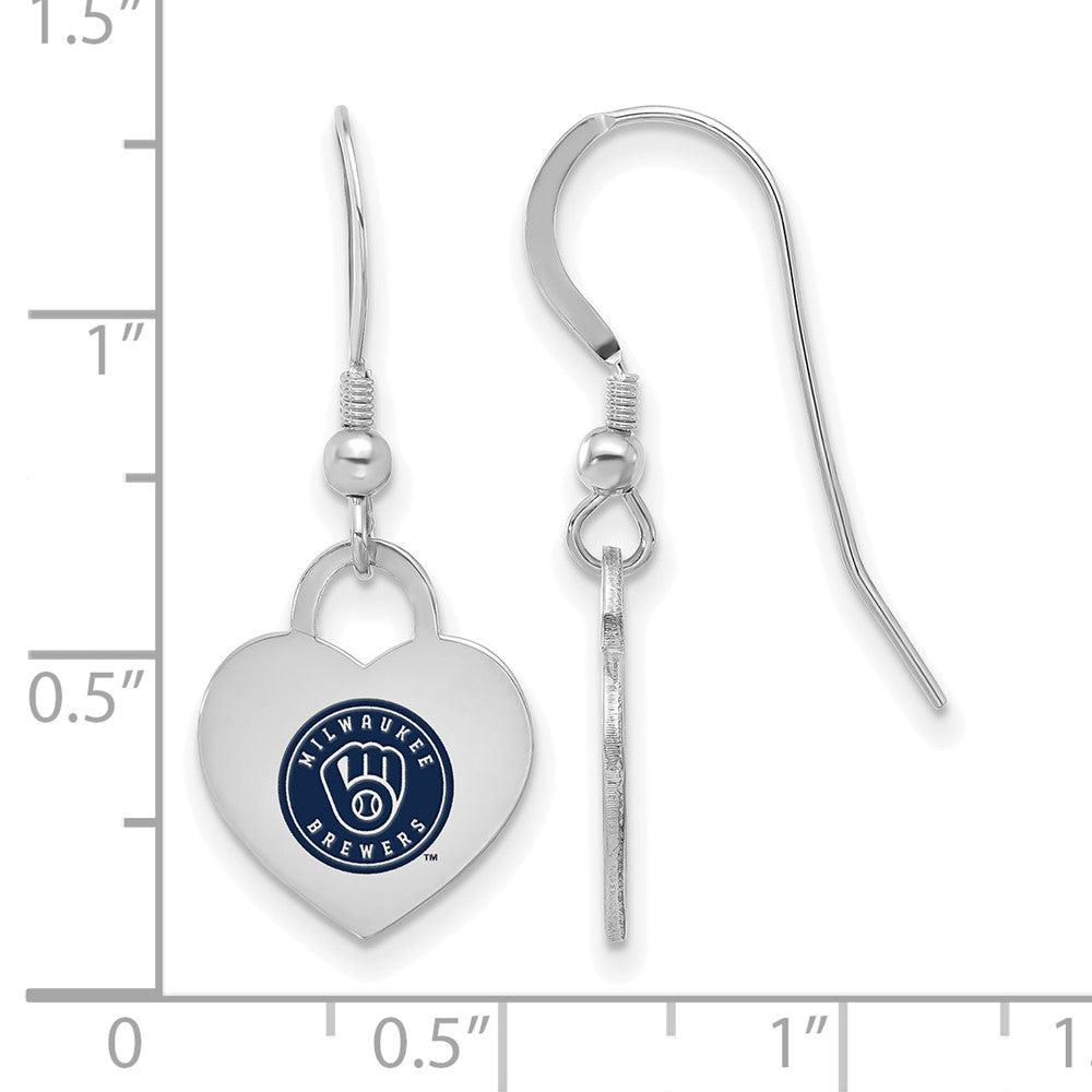 Alternate view of the Sterling Silver MLB Milwaukee Brewers Enamel Heart Dangle Earrings by The Black Bow Jewelry Co.