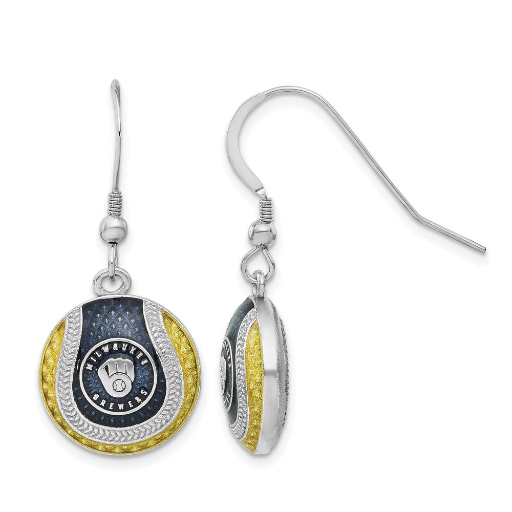 Sterling Silver MLB Milwaukee Brewers MD Enamel Domed Dangle Earrings, Item E18793 by The Black Bow Jewelry Co.