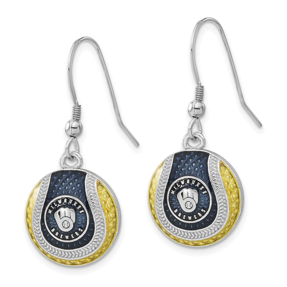 Alternate view of the Sterling Silver MLB Milwaukee Brewers MD Enamel Domed Dangle Earrings by The Black Bow Jewelry Co.