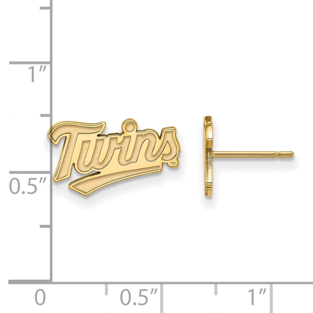 Alternate view of the 10K Yellow Gold MLB Minnesota Twins XS Script Post Earrings by The Black Bow Jewelry Co.