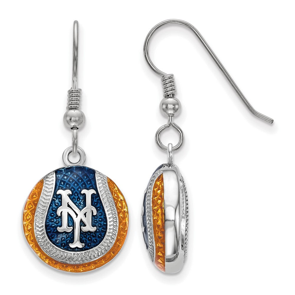 Sterling Silver MLB New York Mets MD Enamel Domed Dangle Earrings, Item E18815 by The Black Bow Jewelry Co.