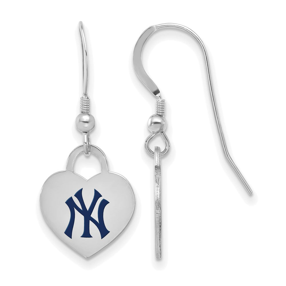 Sterling Silver MLB New York Yankees SM Enamel Heart Dangle Earrings, Item E18850 by The Black Bow Jewelry Co.