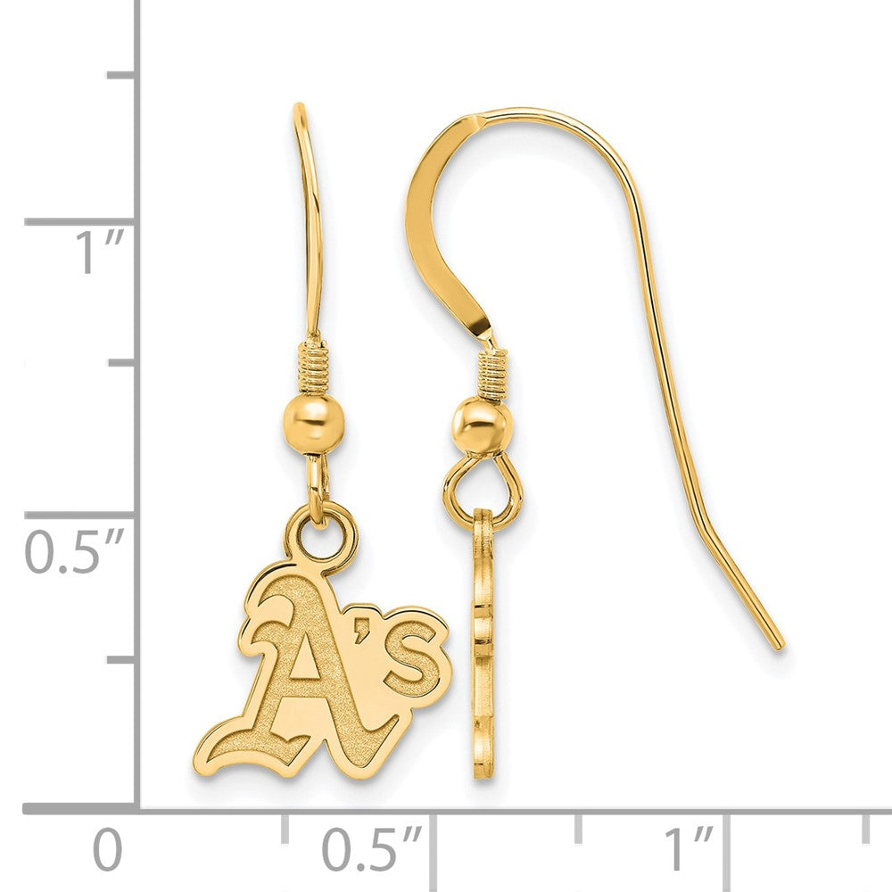 Alternate view of the 14K Gold Plated Silver MLB Oakland Athletics XS (Tiny) Dangle Earrings by The Black Bow Jewelry Co.