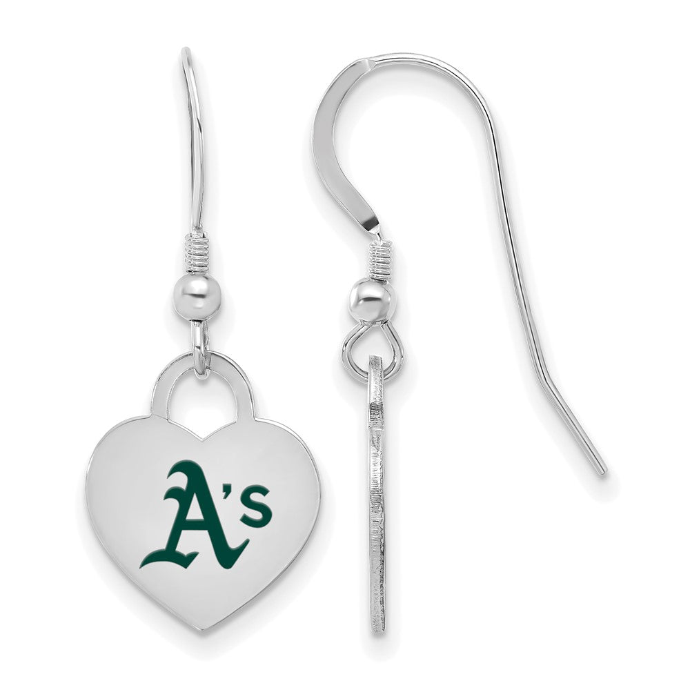 Sterling Silver MLB Oakland Athletics SM Enamel Heart Dangle Earrings, Item E18862 by The Black Bow Jewelry Co.