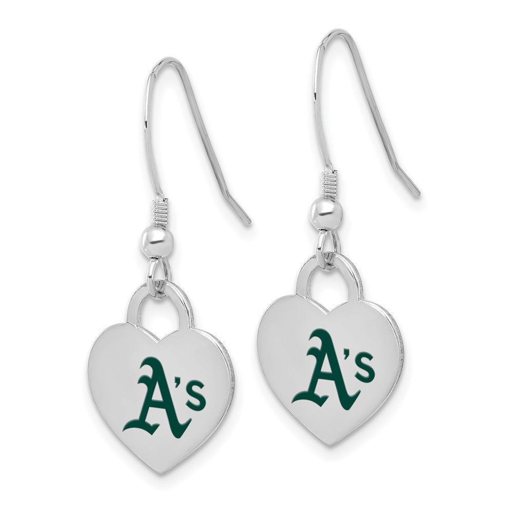 Alternate view of the Sterling Silver MLB Oakland Athletics SM Enamel Heart Dangle Earrings by The Black Bow Jewelry Co.