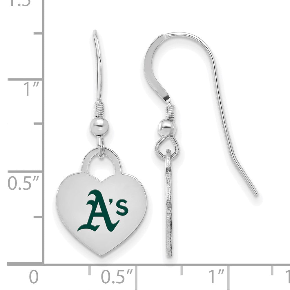 Alternate view of the Sterling Silver MLB Oakland Athletics SM Enamel Heart Dangle Earrings by The Black Bow Jewelry Co.