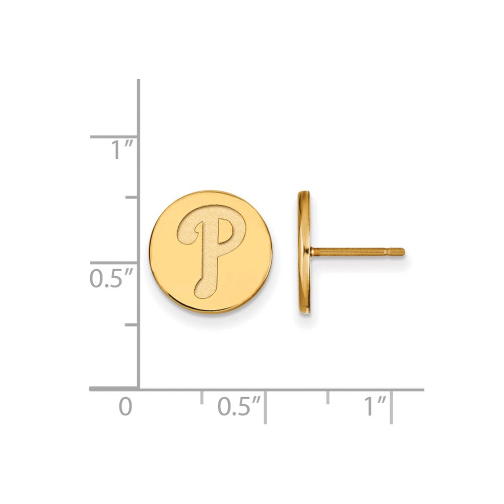 Alternate view of the 14K Gold Plated Silver MLB Philadelphia Phillies SM Disc Post Earrings by The Black Bow Jewelry Co.