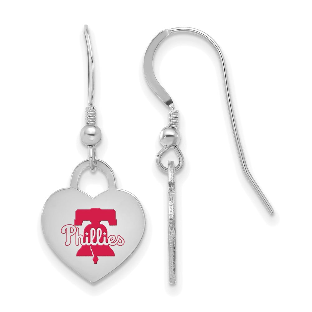Sterling Silver MLB Philadelphia Phillies Enamel Heart Dangle Earrings, Item E18872 by The Black Bow Jewelry Co.
