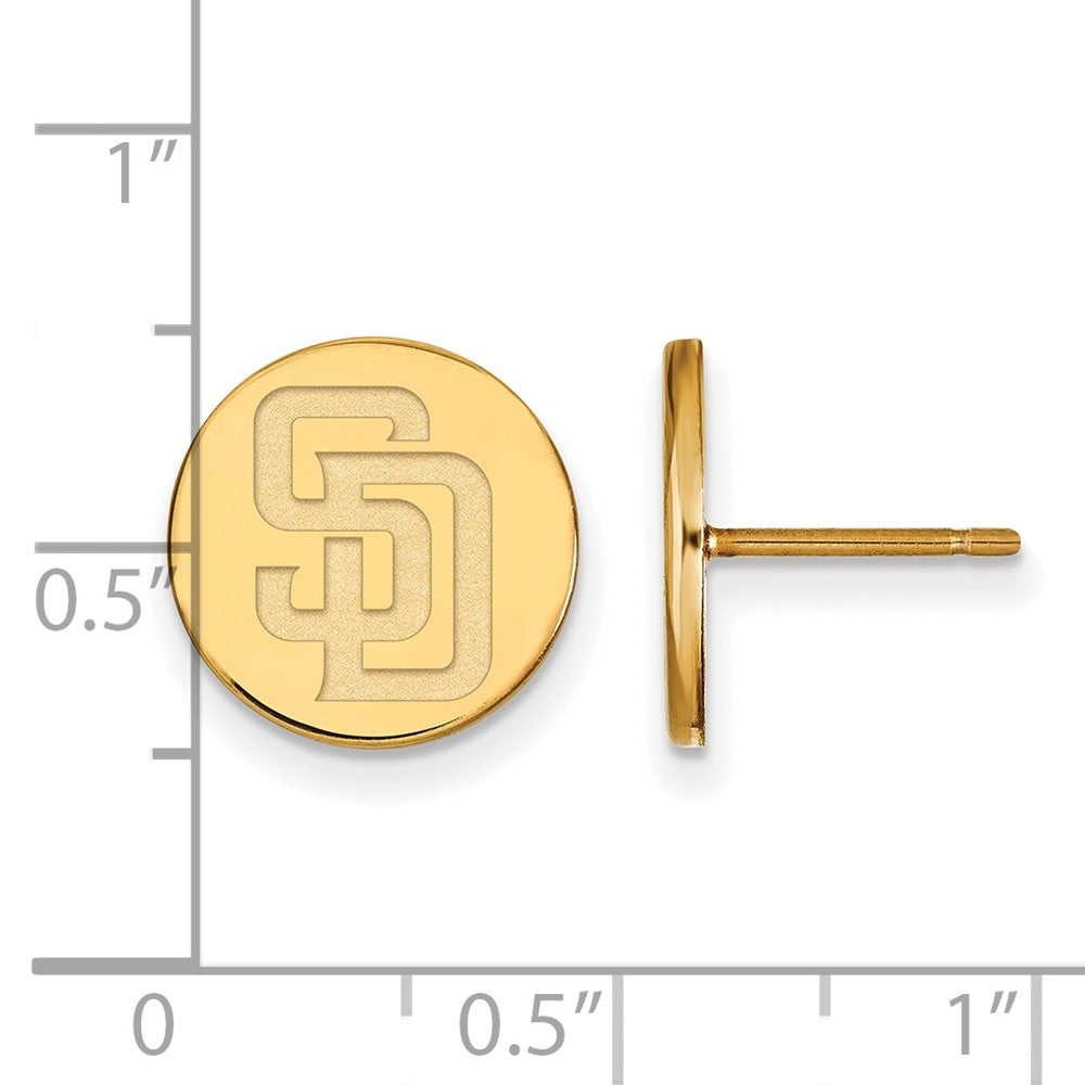 Alternate view of the 14K Gold Plated Silver MLB San Diego Padres SM Disc Post Earrings by The Black Bow Jewelry Co.