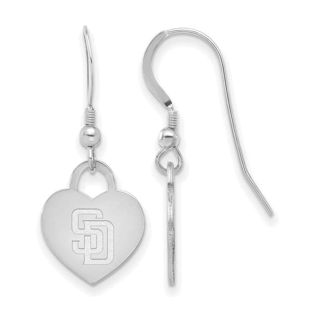 Sterling Silver MLB San Diego Padres Heart Dangle Earrings, Item E18883 by The Black Bow Jewelry Co.