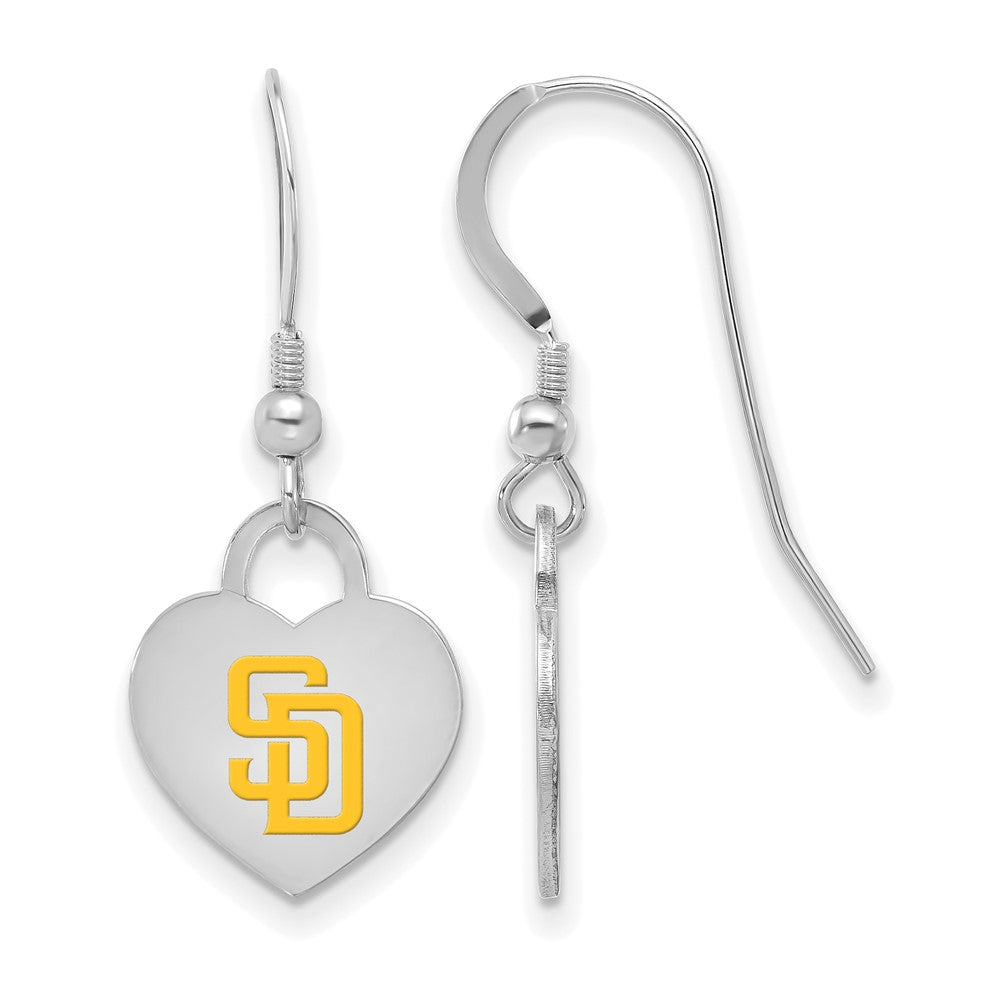 Sterling Silver MLB San Diego Padres Enamel Heart Dangle Earrings, Item E18884 by The Black Bow Jewelry Co.
