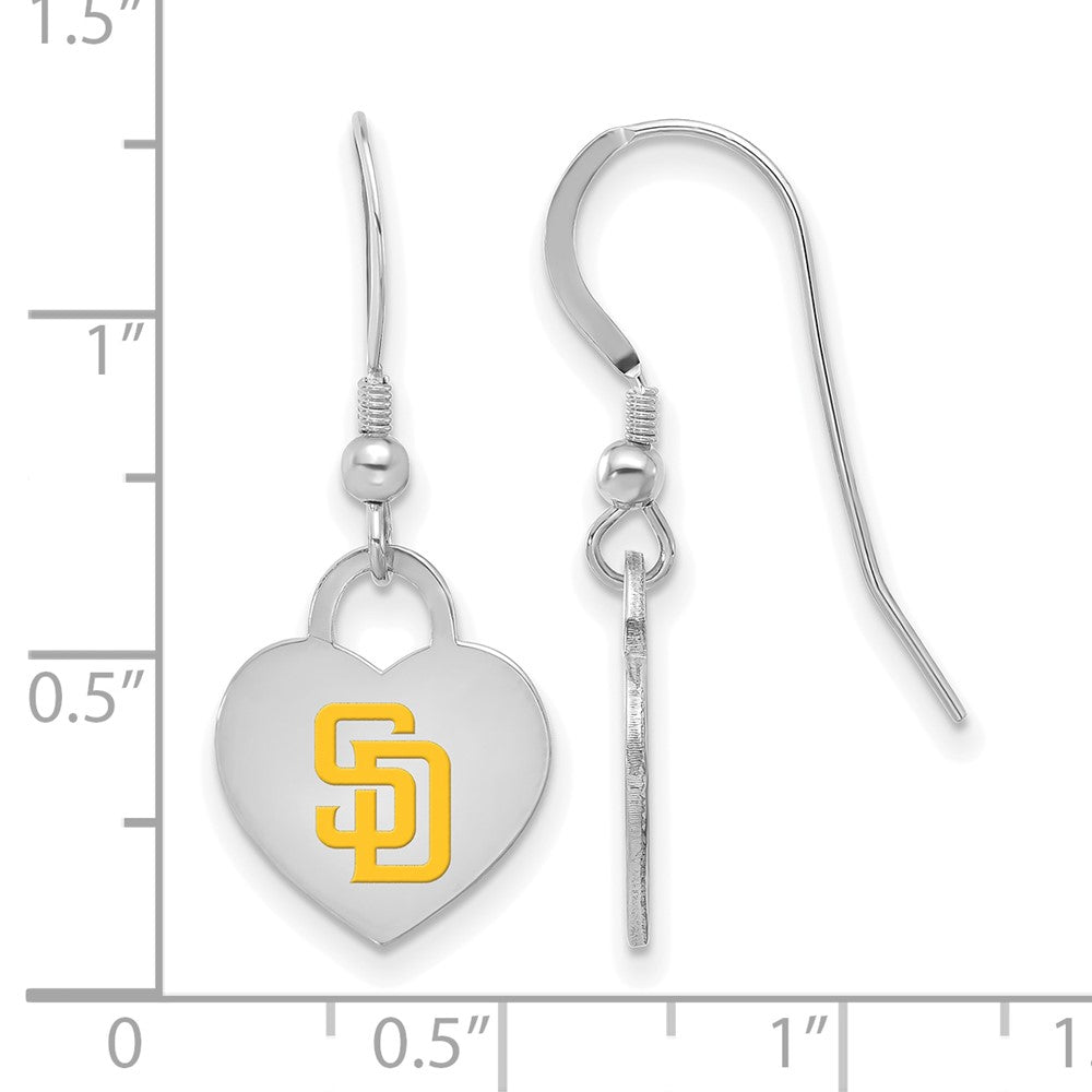 Alternate view of the Sterling Silver MLB San Diego Padres Enamel Heart Dangle Earrings by The Black Bow Jewelry Co.