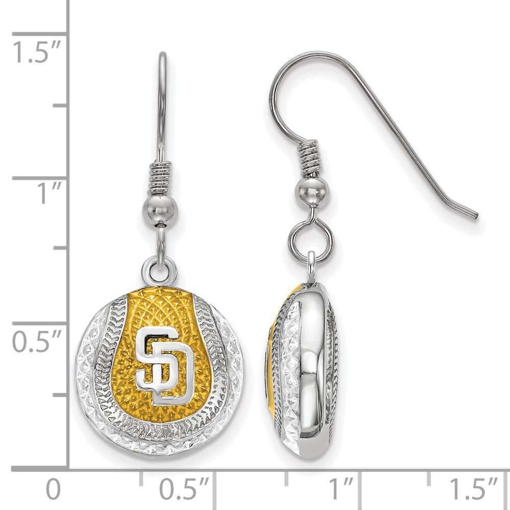 Alternate view of the Sterling Silver MLB San Diego Padres Enamel Domed Dangle Earrings by The Black Bow Jewelry Co.