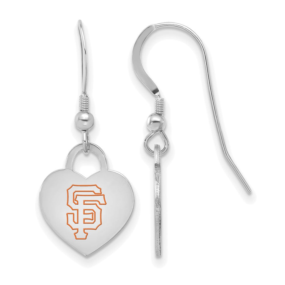 Sterling Silver MLB San Francisco Giants Enamel Heart Dangle Earrings, Item E18906 by The Black Bow Jewelry Co.