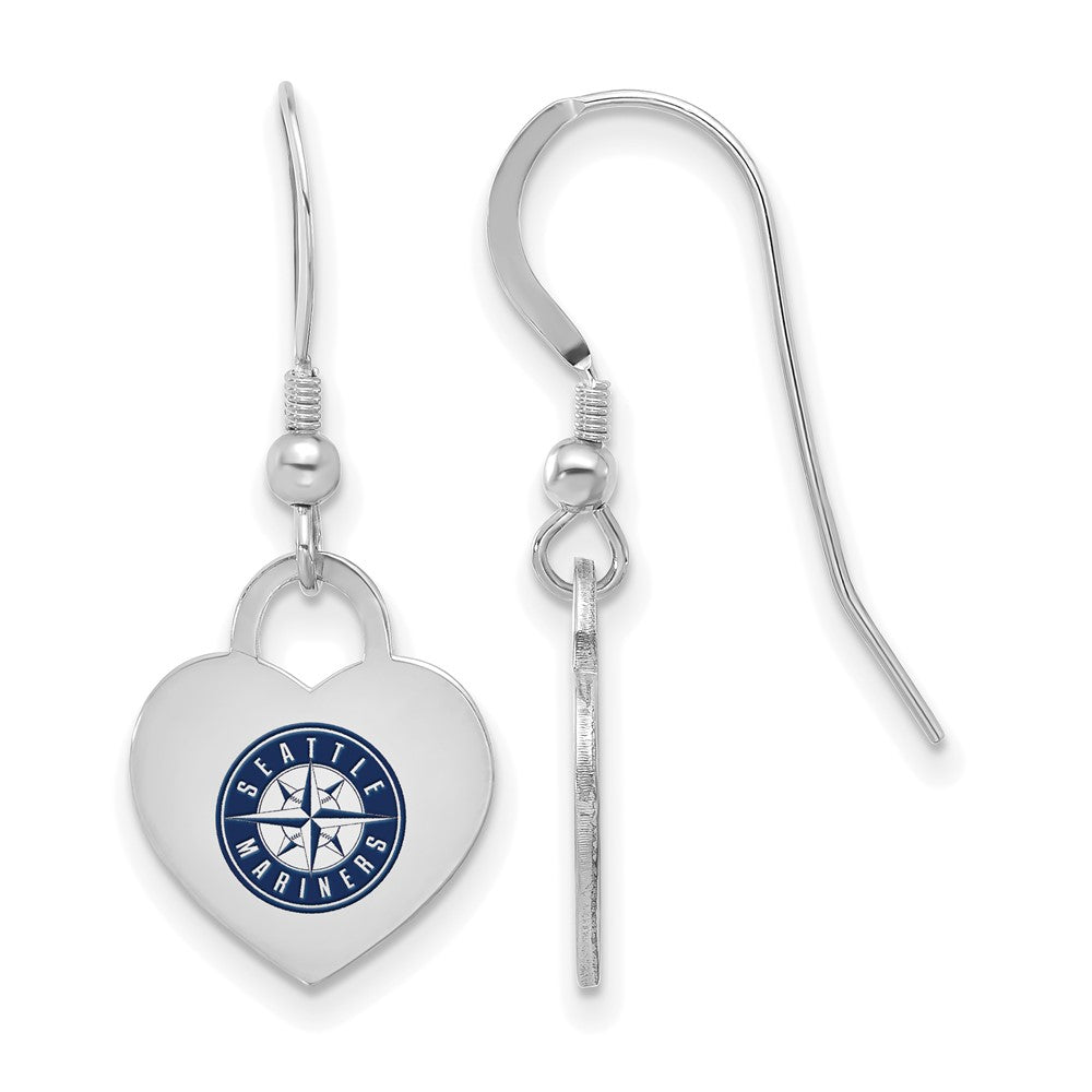 Sterling Silver MLB Seattle Mariners Enamel Heart Dangle Earrings, Item E18914 by The Black Bow Jewelry Co.