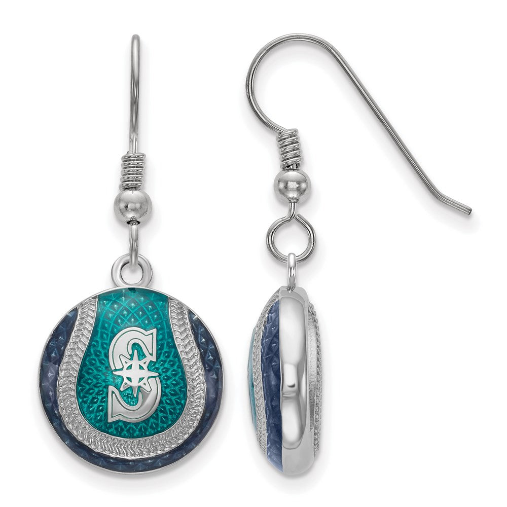 Sterling Silver MLB Seattle Mariners MD Enamel Domed Dangle Earrings, Item E18915 by The Black Bow Jewelry Co.