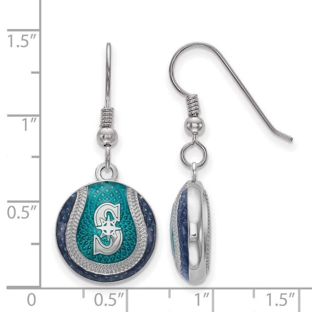 Alternate view of the Sterling Silver MLB Seattle Mariners MD Enamel Domed Dangle Earrings by The Black Bow Jewelry Co.
