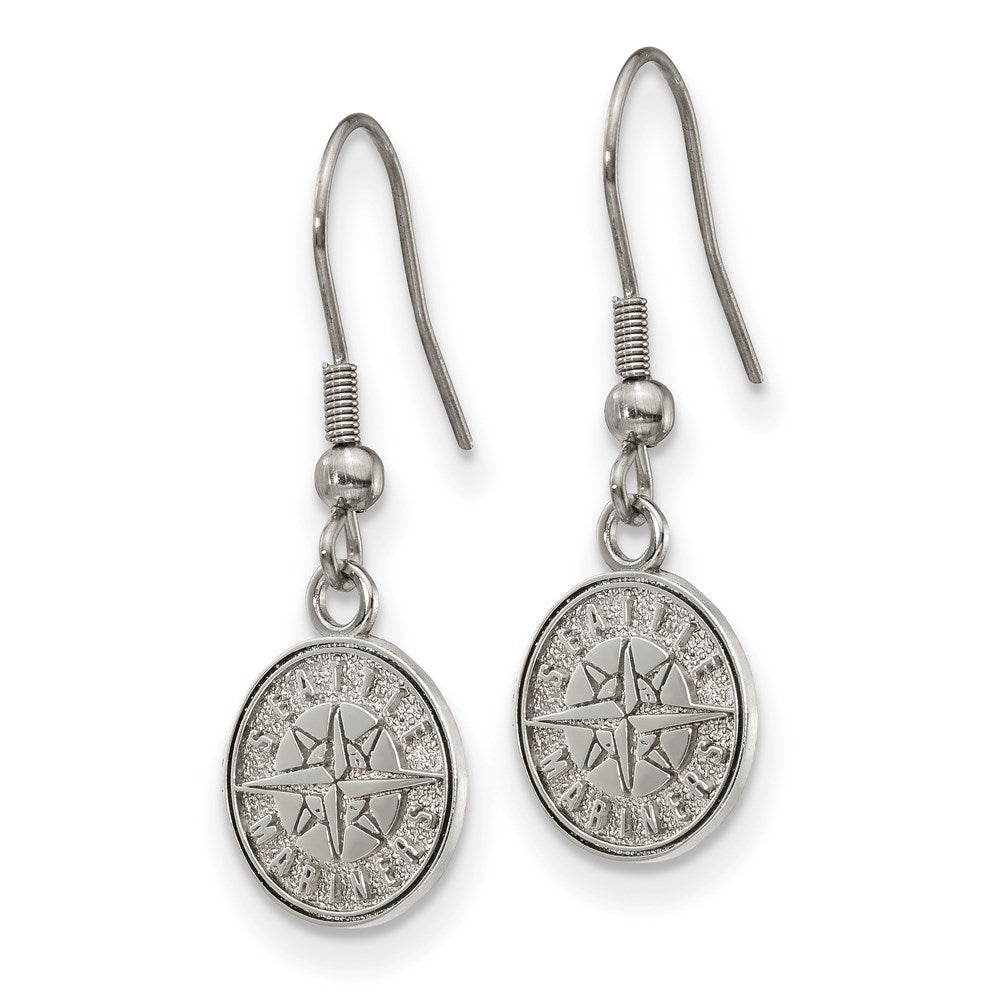 Alternate view of the Stainless Steel MLB Seattle Mariners Small Disc Dangle Earrings by The Black Bow Jewelry Co.