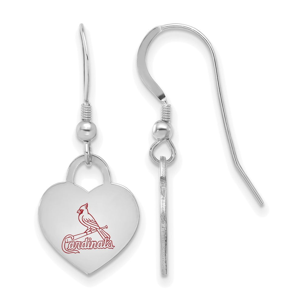 Sterling Silver MLB St. Louis Cardinals Enamel Heart Dangle Earrings, Item E18940 by The Black Bow Jewelry Co.