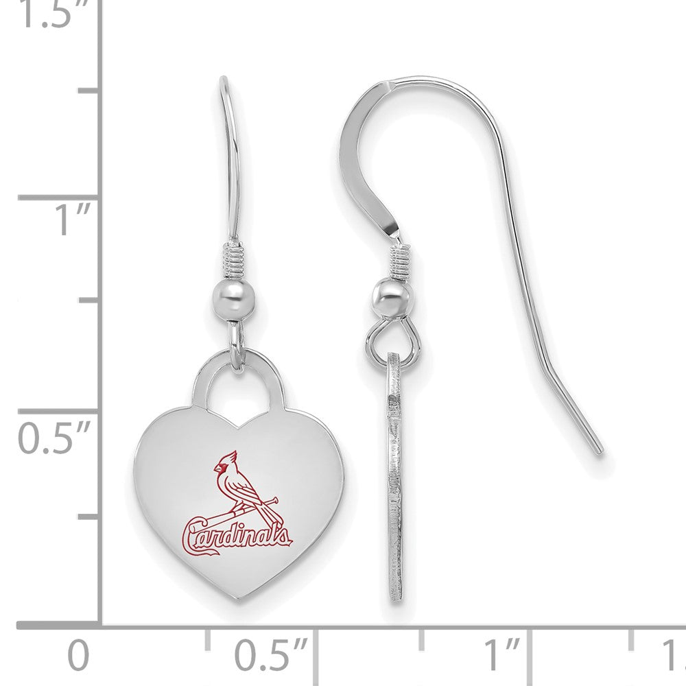 Alternate view of the Sterling Silver MLB St. Louis Cardinals Enamel Heart Dangle Earrings by The Black Bow Jewelry Co.
